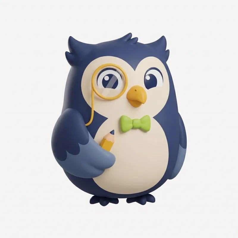The Owlproof owl: a plump navy owl with a gold monocle, lime green bowtie, and a pencil tucked under one wing.
